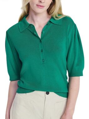 FREE ASSEMBLY Green Collared Lightweight Sweater Tee with Puff Sleeves NWOT